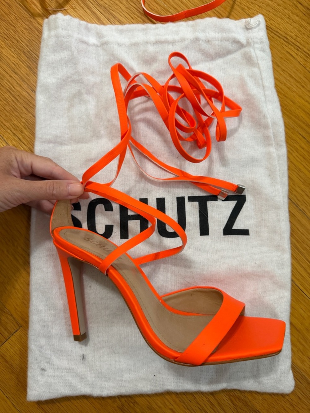 SCHUTZ Neon Orange Lace-Up Stiletto Sandal